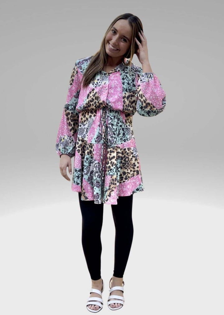 Made in USA Colorful Ladies Mixed Media Print Tunic Dress with Pink Floral & Leopard Print Can be worn as Mini Dress or Tunic with Leggings