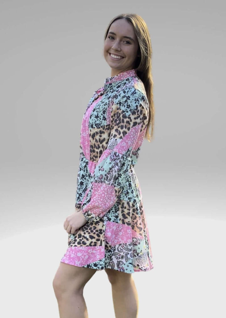 Made in USA Colorful Ladies Mixed Media Print Tunic Dress with Pink Floral & Leopard Print Can be worn as Mini Dress or Tunic with Leggings