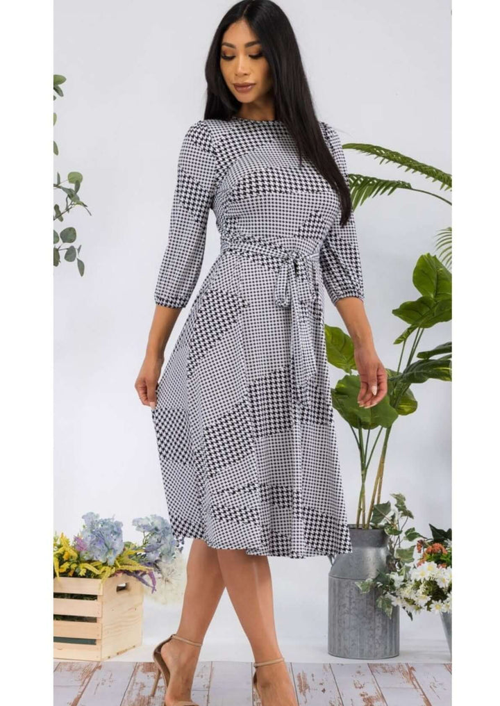 Ladies USA Made Black & White Houndstooth Print Midi Length Dress with 3/4 sleeves | Classy Cozy Cool Women's Made in America Boutique