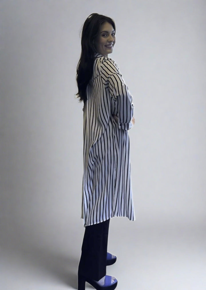 Ariella Ladies Black & White Striped Snap Button Down Collared Long Length Top | Made in USA | Classy Cozy Cool Ladies American Clothing Boutique