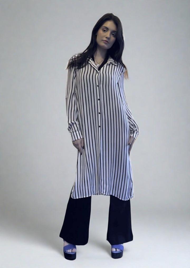 Ariella Ladies Black & White Striped Snap Button Down Collared Long Length Top | Made in USA | Classy Cozy Cool Ladies American Clothing Boutique