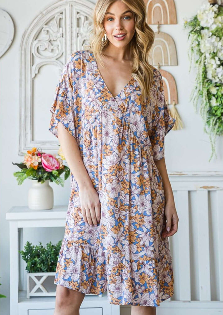 Ladies Made in USA 100% Rayon V-Neck Floral Tunic Dress with Flounce Ruffle Hem | Classy Cozy Cool Made in America Women's Boutique