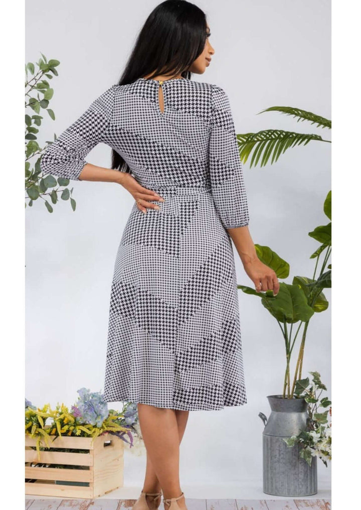 Ladies USA Made Black & White Houndstooth Print Midi Length Dress with 3/4 sleeves | Classy Cozy Cool Women's Made in America Boutique
