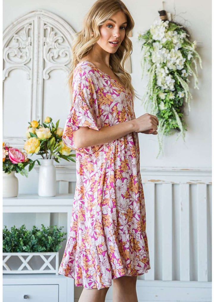 Ladies Made in USA 100% Rayon V-Neck Floral Tunic Dress with Flounce Ruffle Hem | Classy Cozy Cool Made in America Women's Boutique