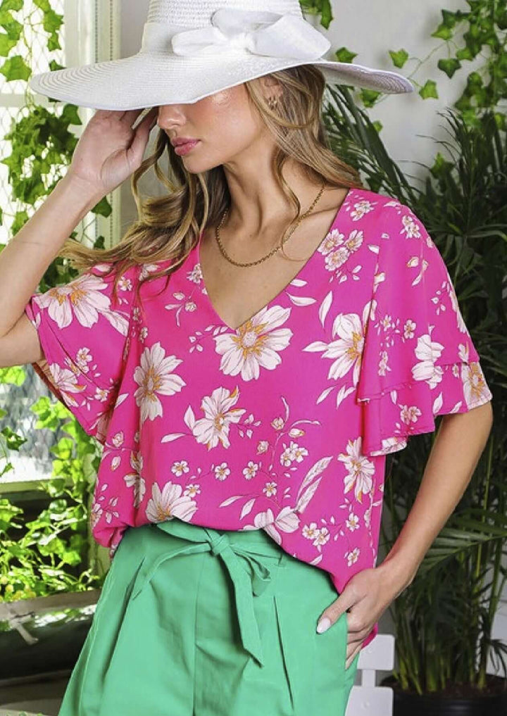USA Made Ladies Striking V-Neck Flutter Sleeve Top in Fuchsia & White Floral Print | Classy Cozy Cool Women's Made in America Boutique