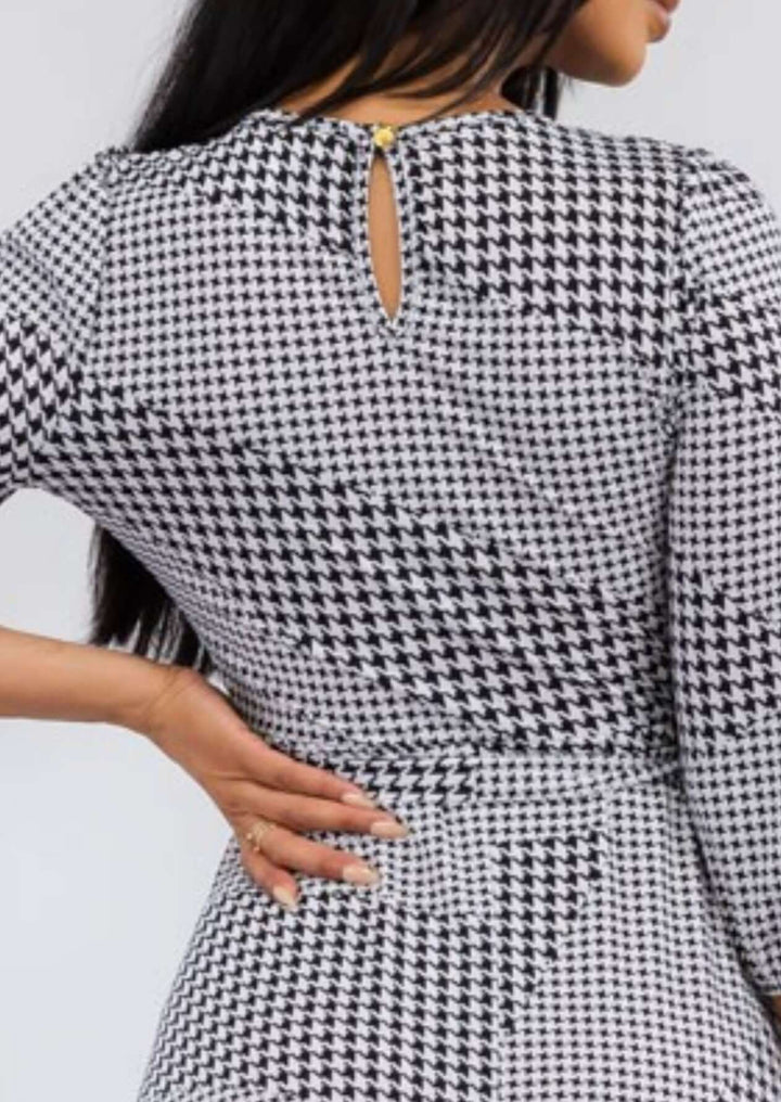 Ladies USA Made Black & White Houndstooth Print Midi Length Dress with 3/4 sleeves | Classy Cozy Cool Women's Made in America Boutique
