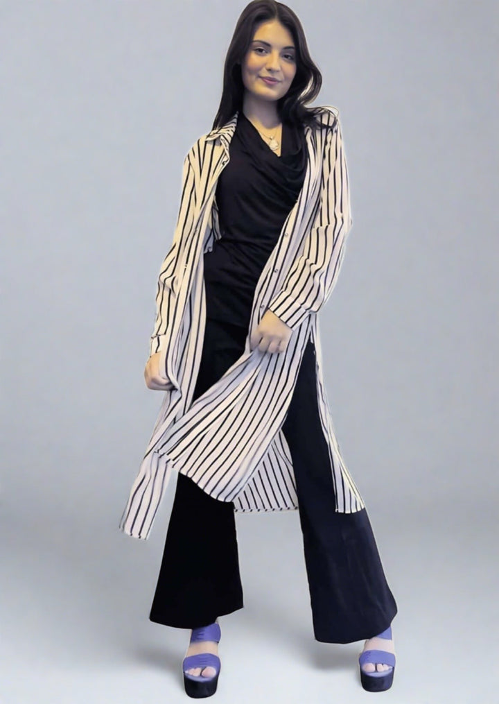 Ariella Ladies Black & White Striped Snap Button Down Collared Long Length Top | Made in USA | Classy Cozy Cool Ladies American Clothing Boutique