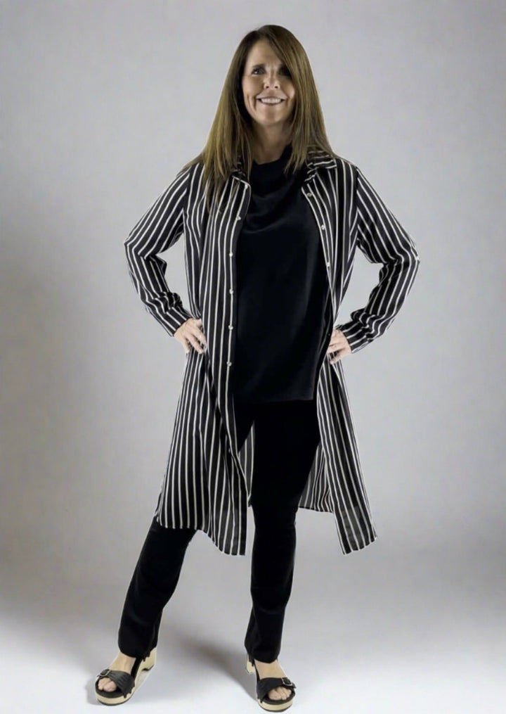 Ariella Ladies Black & White Striped Snap Button Down Collared Long Length Top | Made in USA | Classy Cozy Cool Ladies American Clothing Boutique