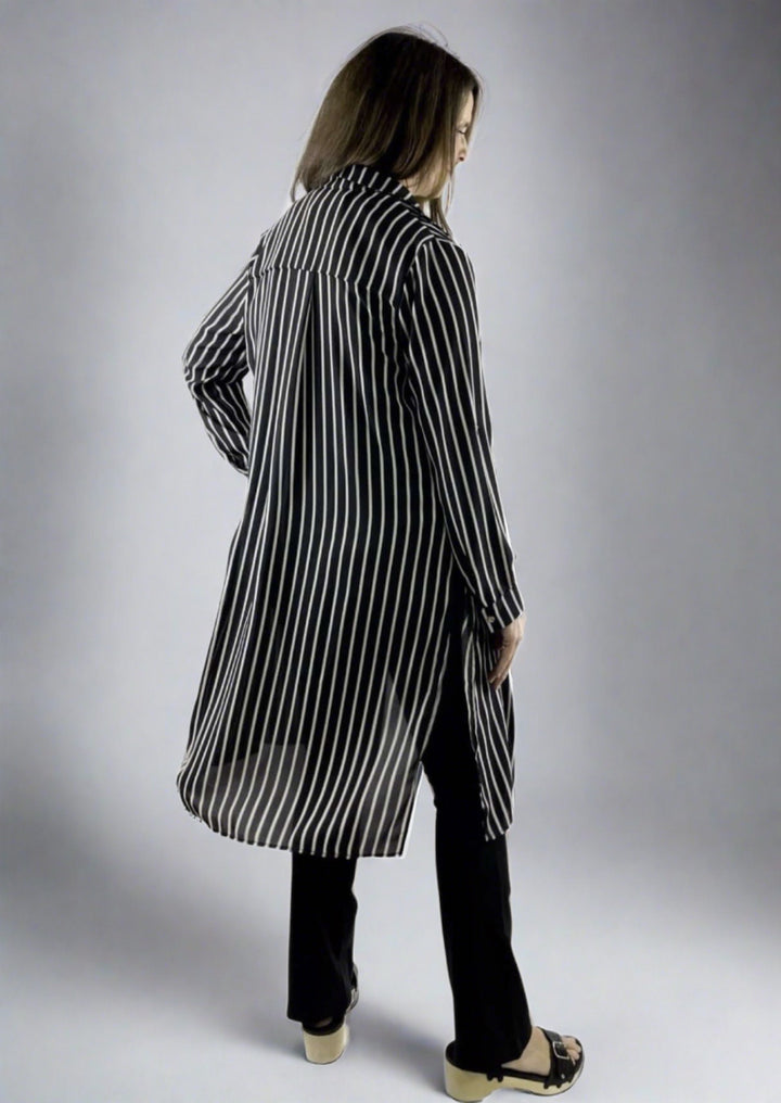 Ariella Ladies Black & White Striped Snap Button Down Collared Long Length Top | Made in USA | Classy Cozy Cool Ladies American Clothing Boutique