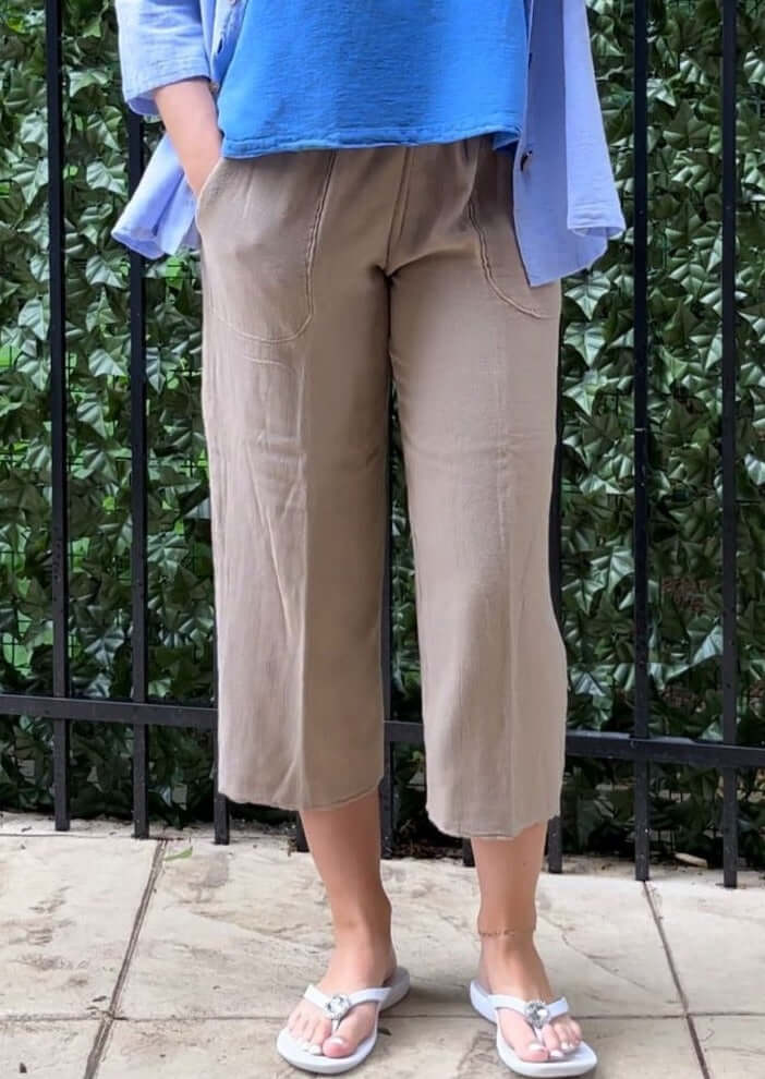 Ladies 100% Cotton Relaxed Fit Cropped Elastic Waist Tan Casual Pants | Made in USA | Classy Cozy Cool Women's Made in America Boutique