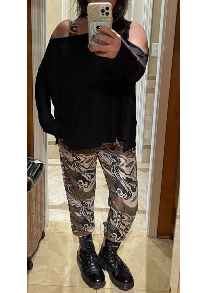 Jala Women's Duo Pullover with Cold Shoulder on one side and Off the Shoulder on the Other in Black | Style# DUO28-B | Made in USA | Classy Cozy Cool Women's Made in America Clothing Boutique