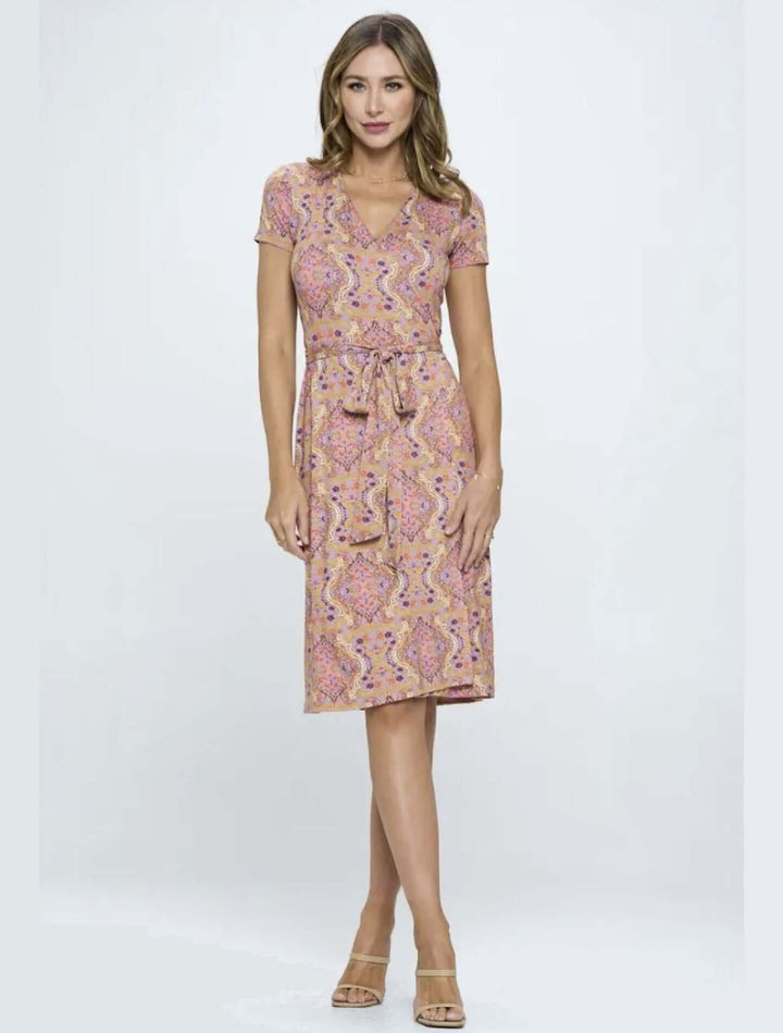 Beautiful Ladies Pink Lavender & Coral Floral Print Midi Wrap Dress Renee C. Style #4329DRJ | Proudly Made in USA | Classy Cozy Cool Clothing Boutique