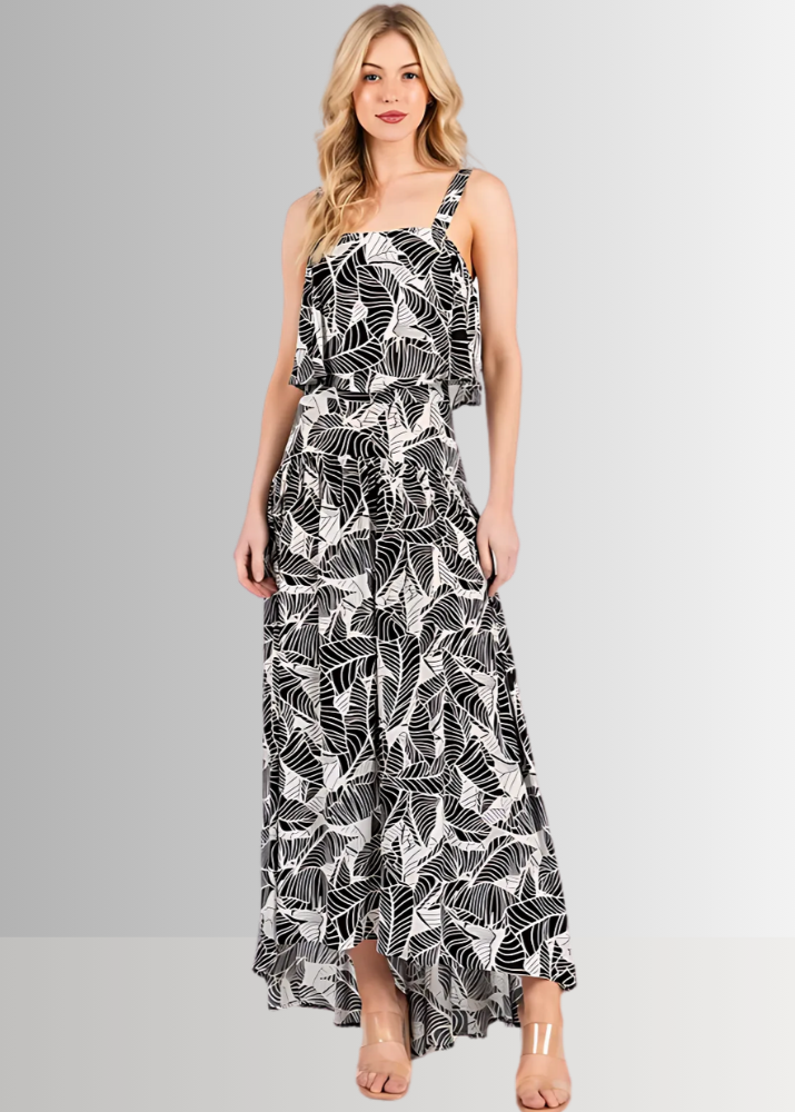 Made in USA Women's Rayon Challis Tropical Print Black and White Cropped Tank Top with Matching High Low Flowy Skirt | Classy Cozy Cool Made in America Boutique