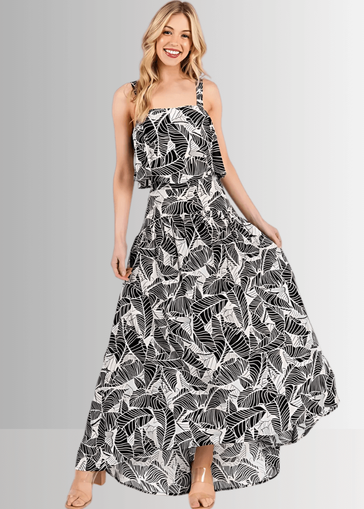 Made in USA Women's Rayon Challis Tropical Print Black and White Cropped Tank Top with Matching High Low Flowy Skirt | Classy Cozy Cool Made in America Boutique