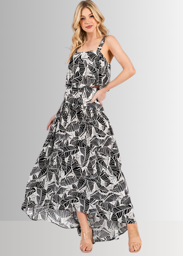 Made in USA Women's Rayon Challis Tropical Print Black and White Cropped Tank Top with Matching High Low Flowy Skirt | Classy Cozy Cool Made in America Boutique