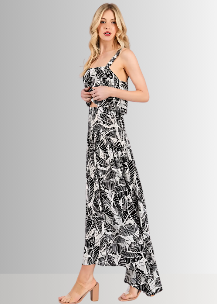 Made in USA Women's Rayon Challis Tropical Print Black and White Cropped Tank Top with Matching High Low Flowy Skirt | Classy Cozy Cool Made in America Boutique