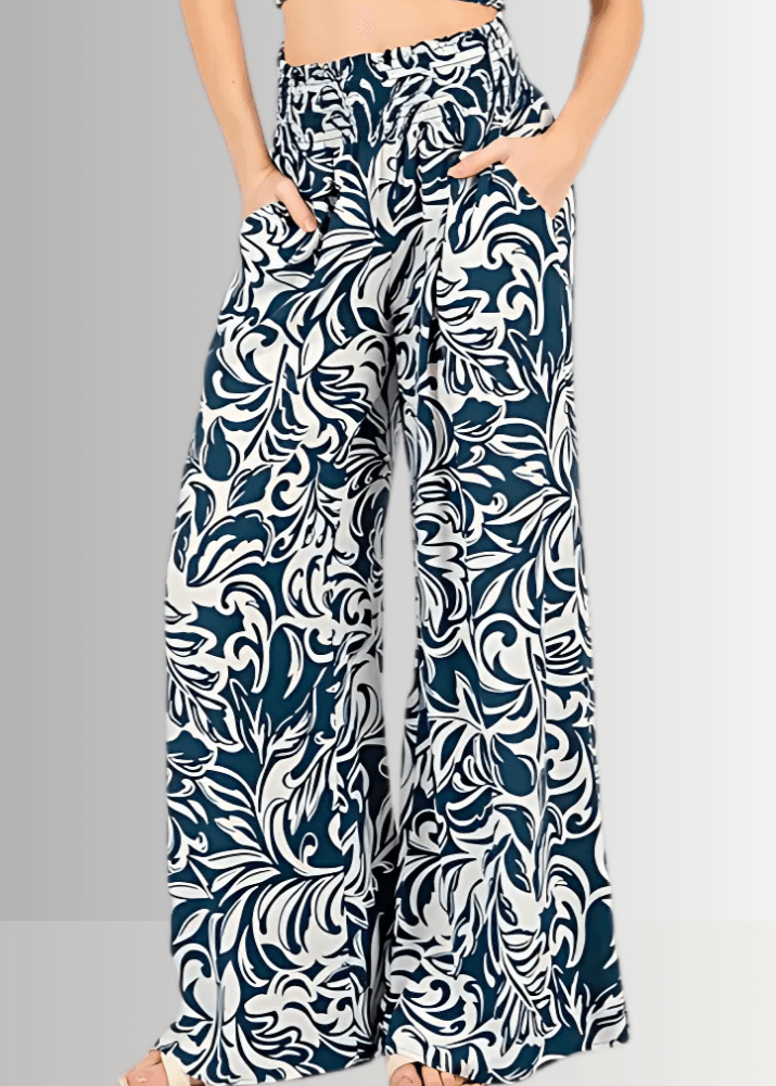 Made in USA Women's Rayon Challis Tropical Print Wide Leg Palazzo Pants in Teal or Olive with Pockets | Classy Cozy Cool Made in America Boutique