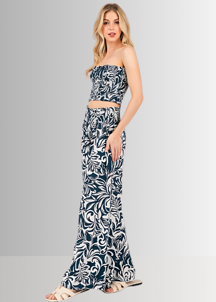 Made in USA Women's Rayon Challis Tropical Print Wide Leg Palazzo Pants in Teal or Olive with Pockets | Classy Cozy Cool Made in America Boutique