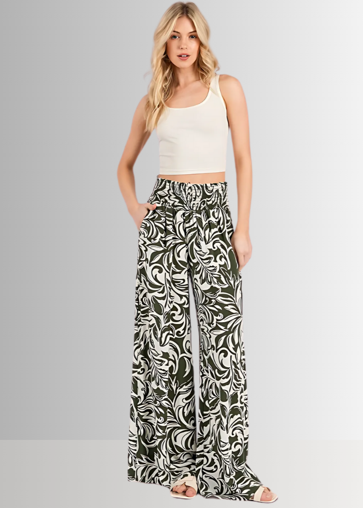 Made in USA Women's Rayon Challis Tropical Print Wide Leg Palazzo Pants in Teal or Olive with Pockets | Classy Cozy Cool Made in America Boutique