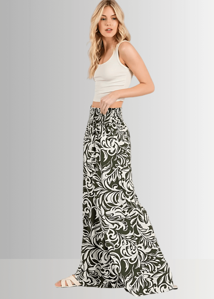 Made in USA Women's Rayon Challis Tropical Print Wide Leg Palazzo Pants in Teal or Olive with Pockets | Classy Cozy Cool Made in America Boutique