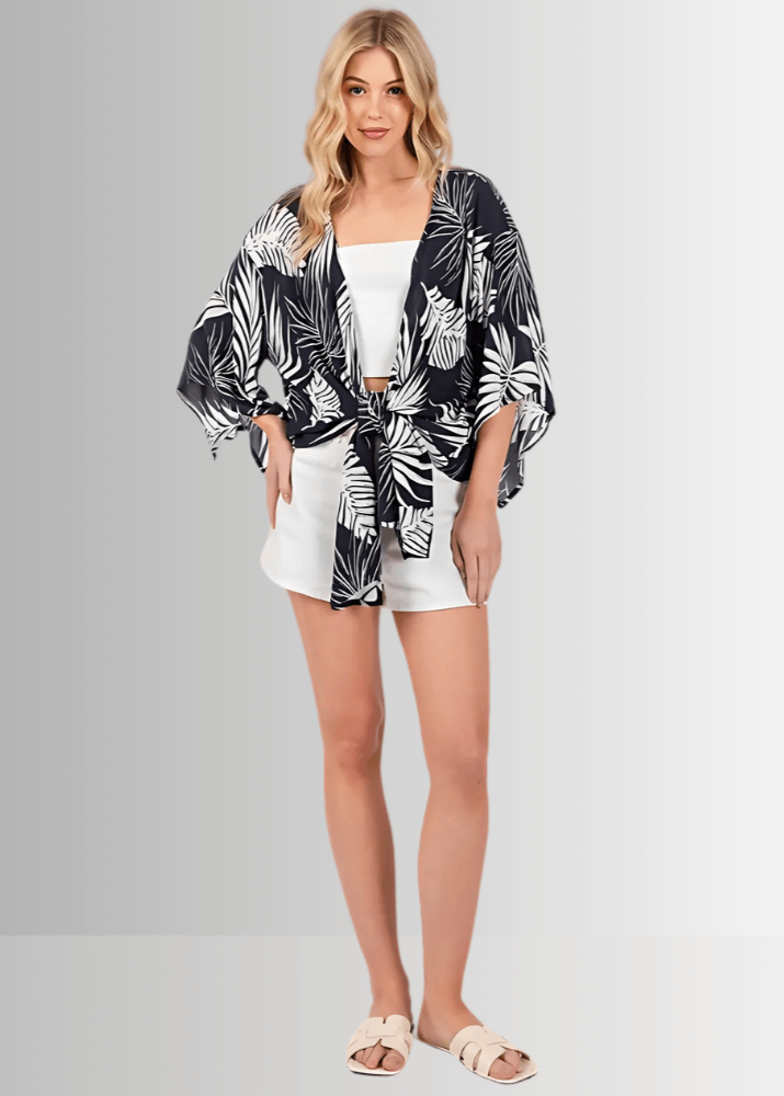 Made in USA Tie Front Accent Kimono Cardigan, Kimono Sleeves, Navy with White Palm Leaf Pattern, Waist Length, 100% Rayon Gauze | Classy Cozy Cool Made in USA Boutique