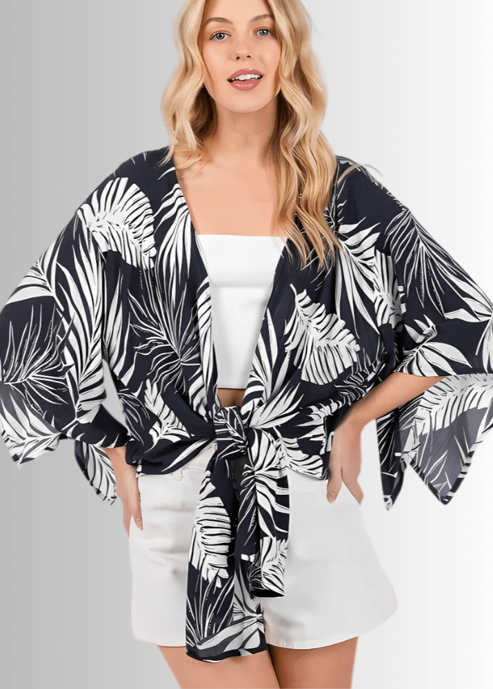 Made in USA Tie Front Accent Kimono Cardigan, Kimono Sleeves, Navy with White Palm Leaf Pattern, Waist Length, 100% Rayon Gauze | Classy Cozy Cool Made in USA Boutique
