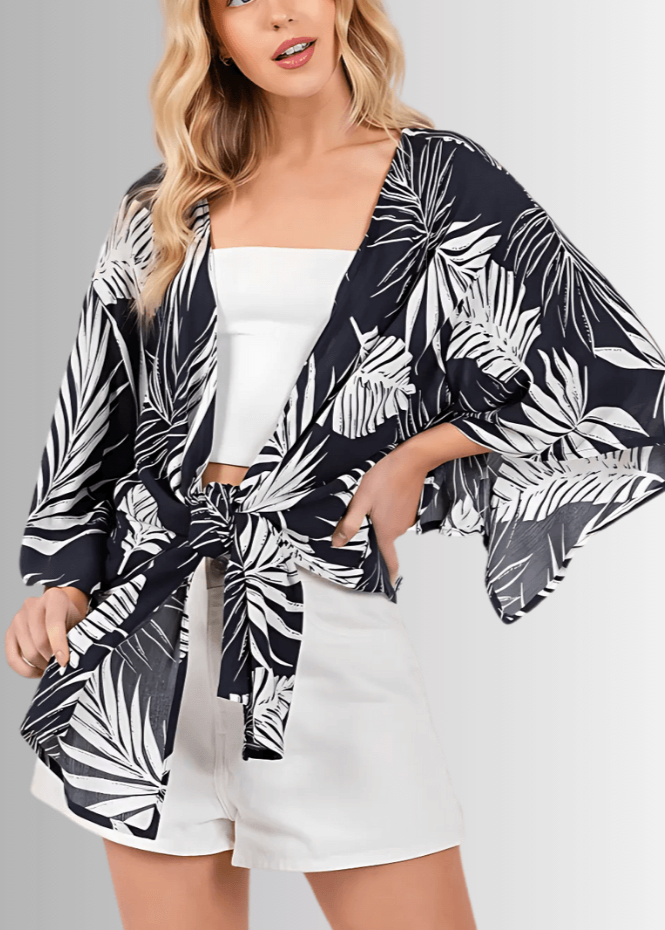 Made in USA Tie Front Accent Kimono Cardigan, Kimono Sleeves, Navy with White Palm Leaf Pattern, Waist Length, 100% Rayon Gauze | Classy Cozy Cool Made in USA Boutique