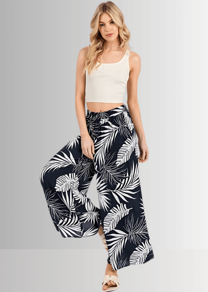 Made in USA Women's Rayon Gauze Navy Tropical Palm Wide Leg Cropped Pants with Pockets | Classy Cozy Cool Made in America Boutique