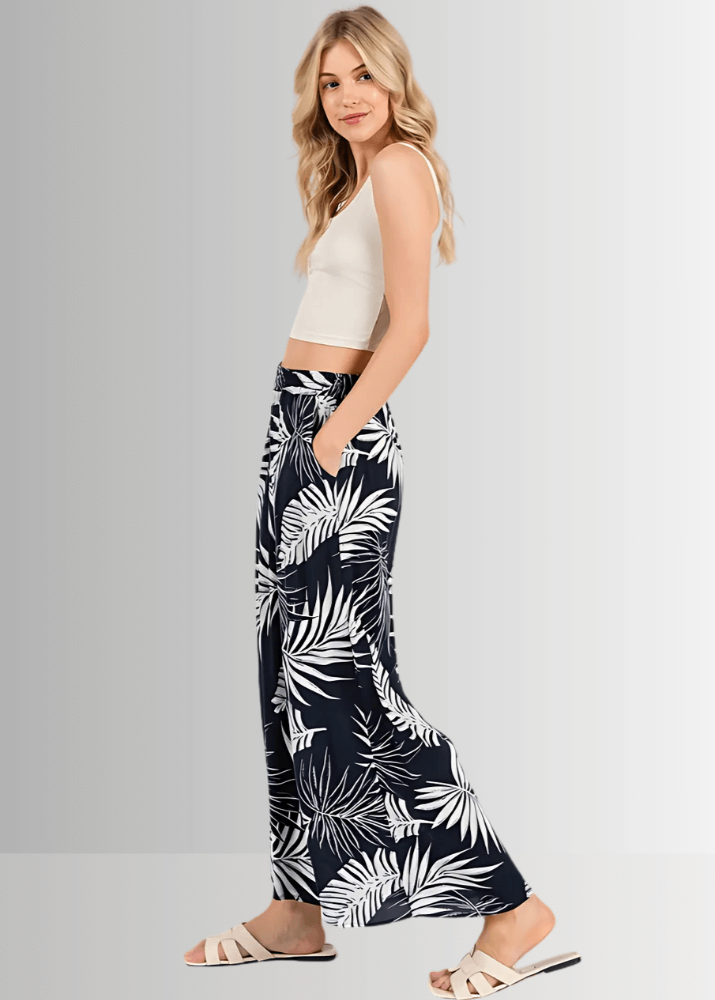 Made in USA Women's Rayon Gauze Navy Tropical Palm Wide Leg Cropped Pants with Pockets | Classy Cozy Cool Made in America Boutique
