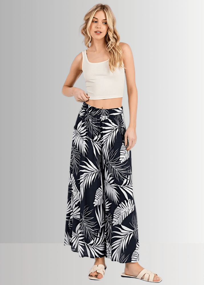 Made in USA Women's Rayon Gauze Navy Tropical Palm Wide Leg Cropped Pants with Pockets | Classy Cozy Cool Made in America Boutique