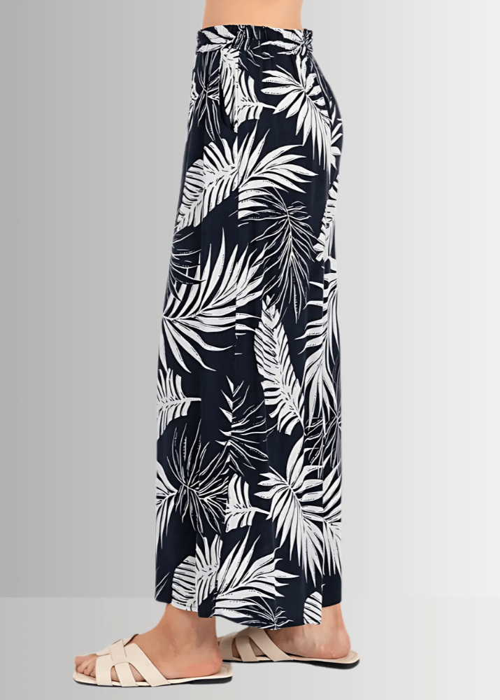 Made in USA Women's Rayon Gauze Navy Tropical Palm Wide Leg Cropped Pants with Pockets | Classy Cozy Cool Made in America Boutique
