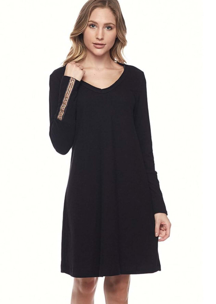 USA Made Ladies Black Casual Double Layered Midi Dress with Cuff Details | Classy Cozy Cool Women's Made in America Clothing Boutique