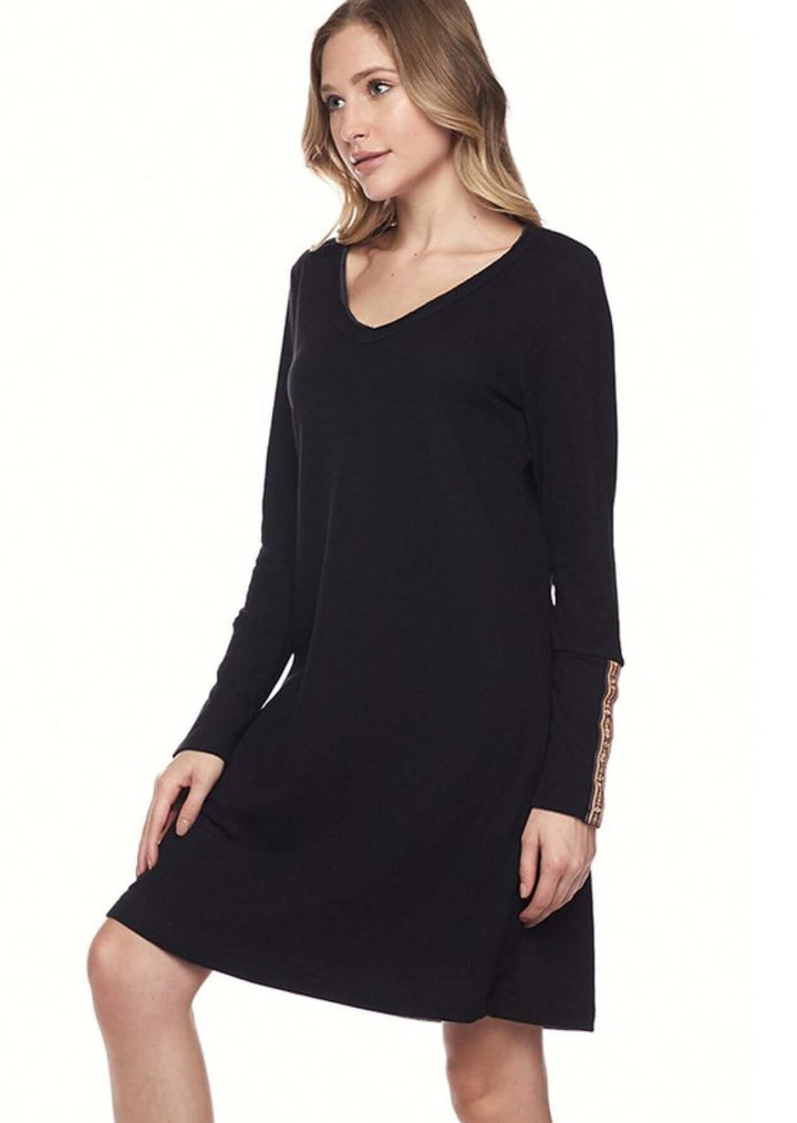 USA Made Ladies Black Casual Double Layered Midi Dress with Cuff Details | Classy Cozy Cool Women's Made in America Clothing Boutique