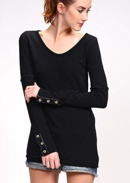 USA Made Women's Fitted Double Layer Cotton Raw Edge Long Sleeve Top With Wooden Button Cuffs in Black | Classy Cozy Cool Women's Made in America Clothing Boutique