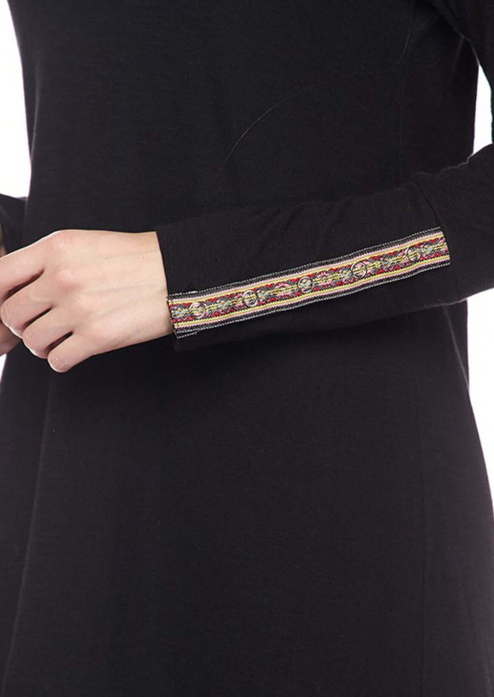 USA Made Ladies Black Casual Double Layered Midi Dress with Cuff Details | Classy Cozy Cool Women's Made in America Clothing Boutique