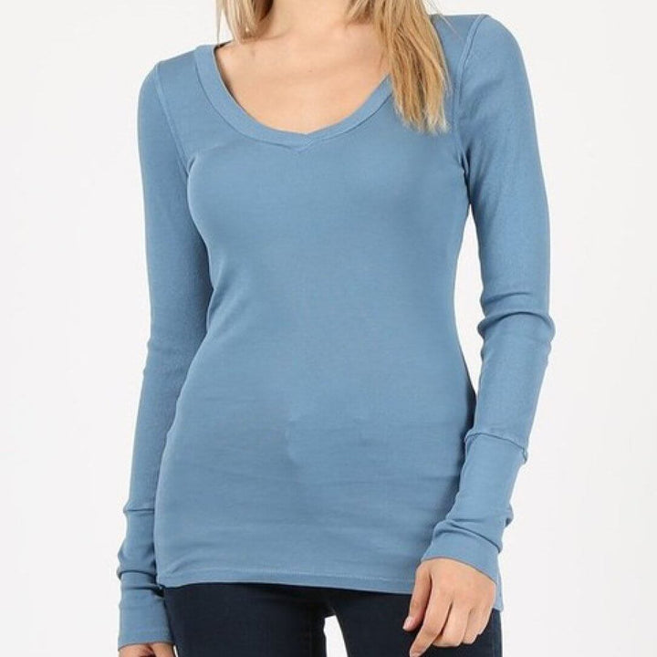 Made in USA Super Soft Luxurious Pima Cotton Top, Longer Length, Long Sleeves, V-Neck Great for Layering All Season in Chambray Blue 100% Pima Cotton