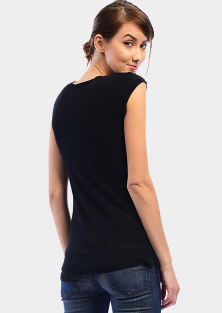 Made in USA Women's Scoop Neck Basic Garment Dyed Cotton Tee T-Shirt with Shirring at Shoulder in Black | Classy Cozy Cool Made in America Boutique
