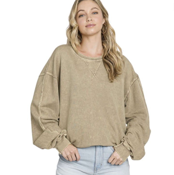Made in USA Misses Oversized Cotton Mineral Washed Sweatshirt in Antique Mocha | Made with USA Cotton | Classy Cozy Cool Women's Made in America Boutique
