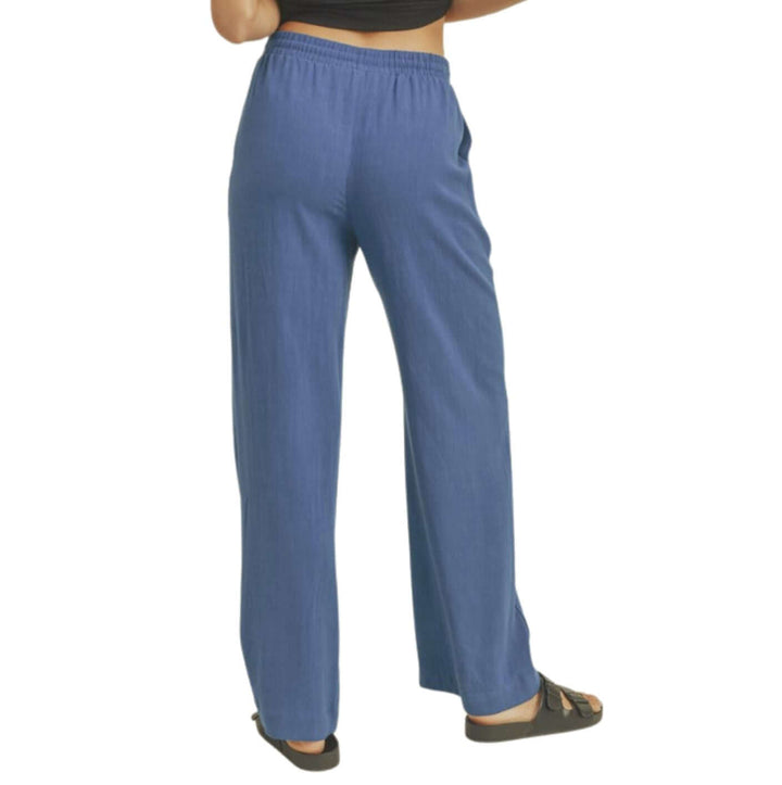 Blue USA Made Linen Blend Bootcut Pants with Pockets - Relaxed Fit Drawstring & Elastic Waist Side | Classy Cozy Cool Women's American Boutique