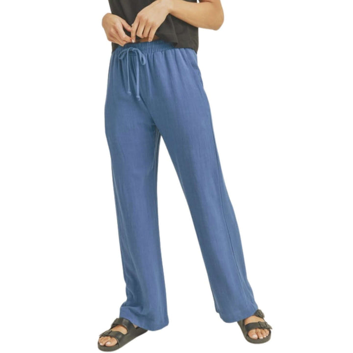 Blue USA Made Linen Blend Bootcut Pants with Pockets - Relaxed Fit Drawstring & Elastic Waist Side | Classy Cozy Cool Women's American Boutique