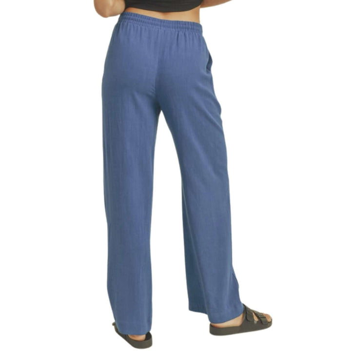 Blue USA Made Linen Blend Bootcut Pants with Pockets - Relaxed Fit Drawstring & Elastic Waist Side | Classy Cozy Cool Women's American Boutique