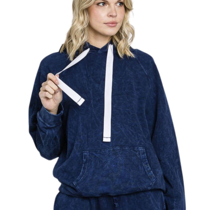 Ladies Cotton Mineral Washed French Terry Sweatshirt Hoodie with Kangaroo Pocket in Vintage Navy Blue | Made in USA with USA Cotton | Classy Cozy Cool Women's Made in America Boutique