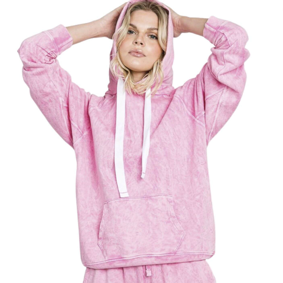 Ladies Cotton Mineral Washed French Terry Sweatshirt Hoodie with Kangaroo Pocket in Pink | Made in USA with USA Cotton | Classy Cozy Cool Women's Made in America Boutique