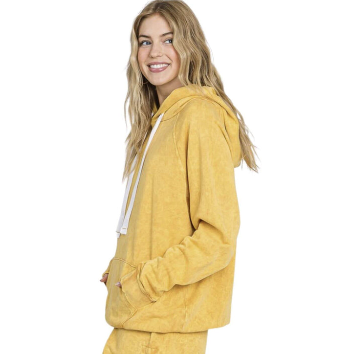 Ladies Cotton Mineral Washed French Terry Sweatshirt Hoodie with Kangaroo Pocket in Apricot Yellow | Made in USA with USA Cotton | Classy Cozy Cool Women's Made in America Boutique