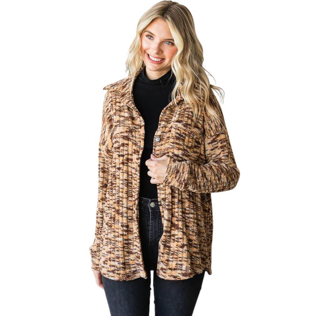 Super Soft Two Tone Teddy Bear Cardigan Sweater Relaxed Fit in tri-color marbled camel | Made in USA | Classy Cozy Cool American Made Clothing Boutique