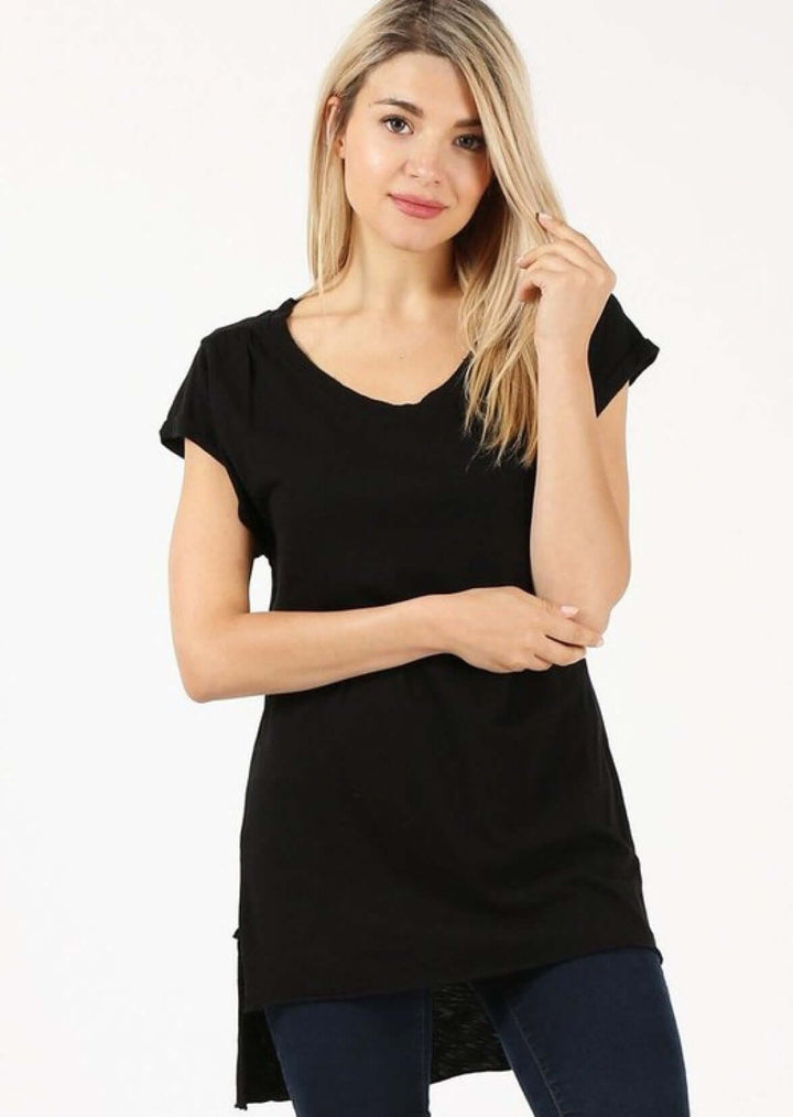 Women's High Low Super Soft Fitted Tunic Tee with Raw Edge Detail in Black | Made in USA | Classy Cozy Cool Women's Made in America Boutique