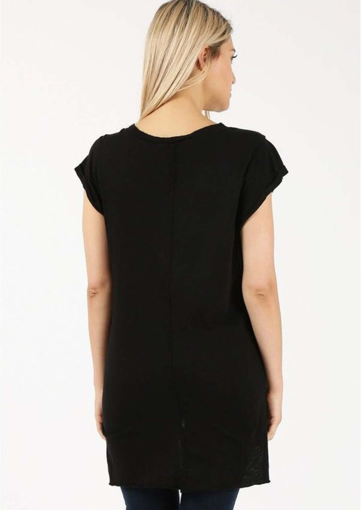 Women's High Low Super Soft Fitted Tunic Tee with Raw Edge Detail in Black | Made in USA | Classy Cozy Cool Women's Made in America Boutique