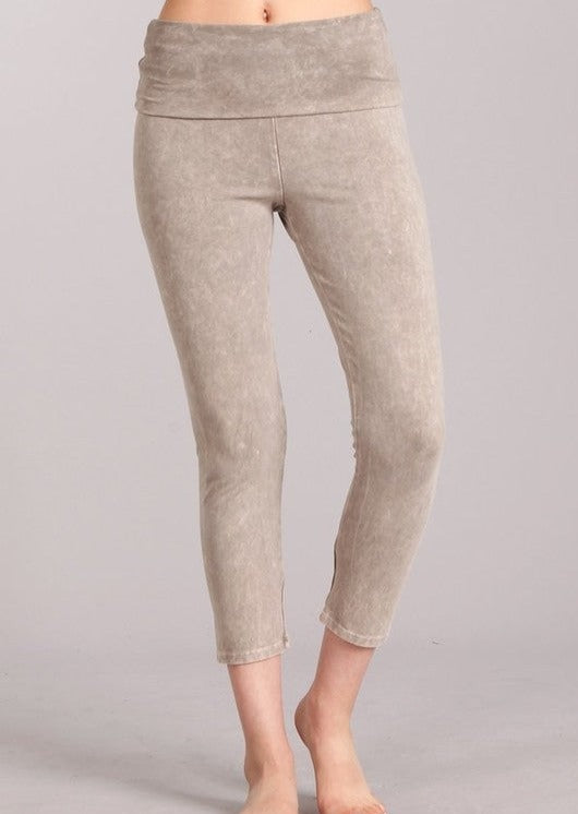 Chatoyant Mineral Washed Pull On Capri Leggings | Made in USA | Tummy control wide fold-over waistband | Classy Cozy Cool Women's American Boutique