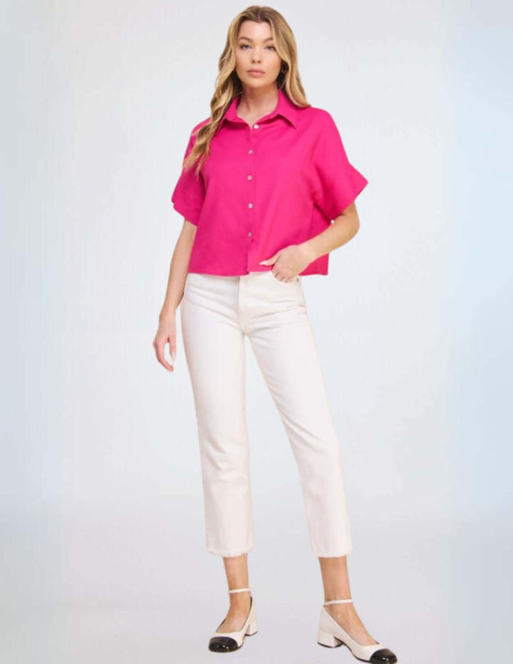 USA Made Women's Amari Linen Blend Button Down Short Sleeve Top in Fuchsia  | Classy Cozy Cool Made in America Clothing Boutique