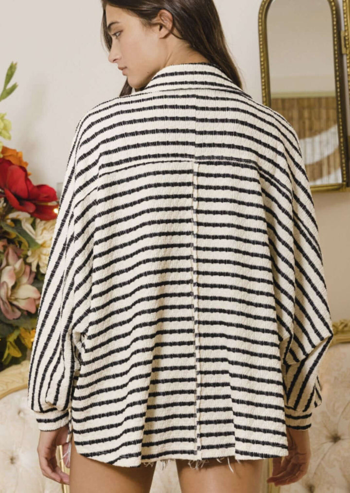 Ladies Cotton Oversized Cotton Blend Striped Henley With Contrast Detail and Large Front Pockets in Black and White  | Made in USA | Bucket List Clothing Style# T1578